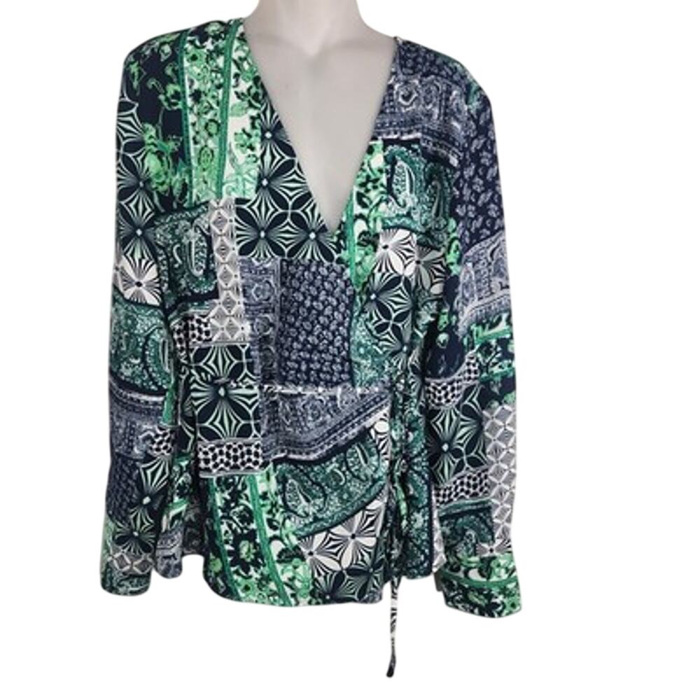 LOFT Women Patchwork Wrap Blouse Long Sleeve V Neck Geo Paisley Space Blue Small